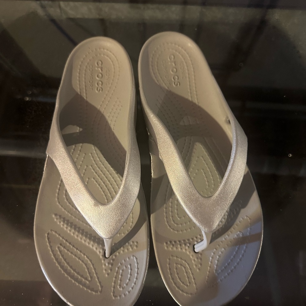 Crocs Shimmering Silver Flip Flops